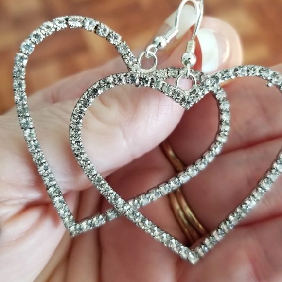 Cali Big Heart Design Sparkling Rhinestone Earrings silver 2.2”x1.60” - Picture 3 of 10